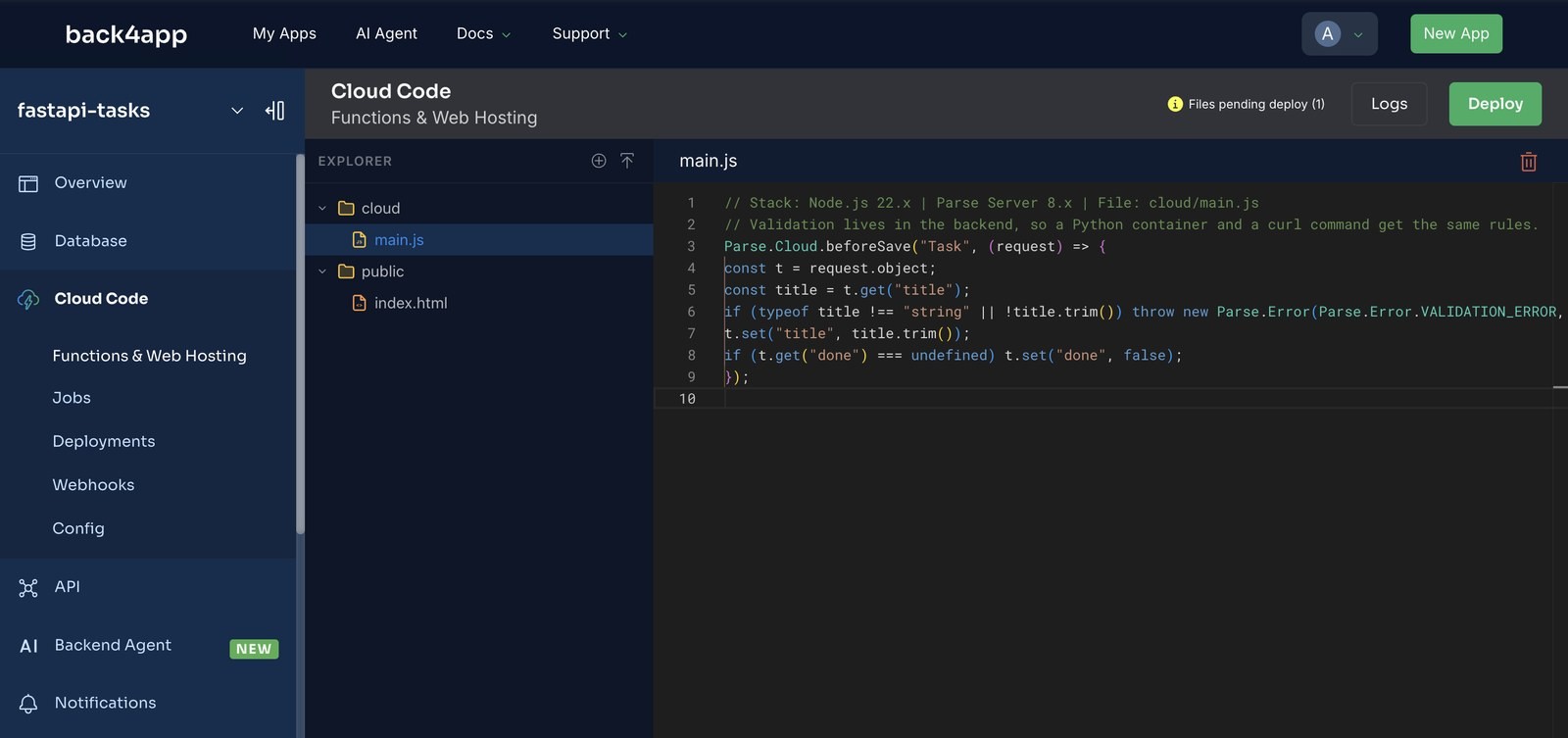 The Cloud Code editor with cloud/main.js open showing the beforeSave Task hook, and the badge Files pending deploy (1) next to the Deploy button