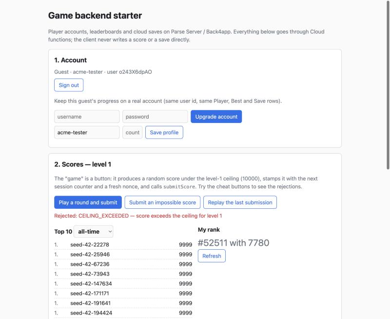 The demo client's Account and Scores sections: a guest named acme-tester, the Play a round, Submit an impossible score and Replay buttons, a rejection line reading CEILING_EXCEEDED, and the top 10 with ten tied first places