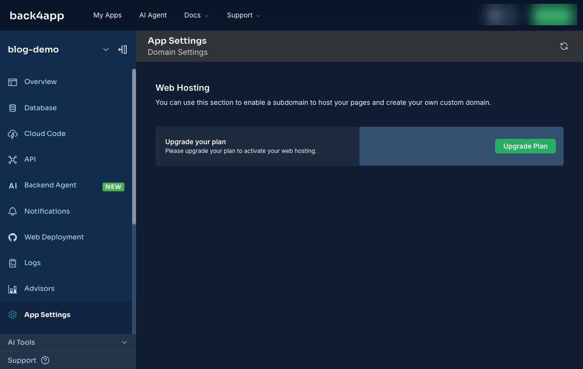 The Domain Settings page for a free app, showing Web Hosting with an upgrade prompt instead of a subdomain field