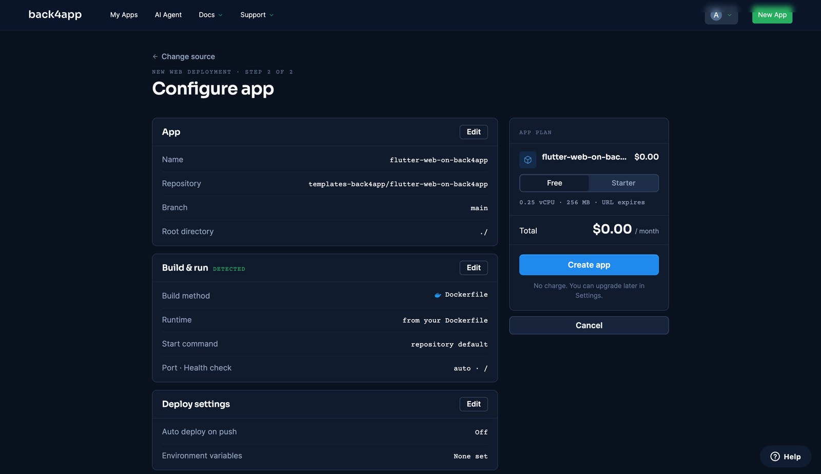 The deploy configuration step with the build method detected as Dockerfile, runtime from the Dockerfile, port auto, and the free plan at zero cost