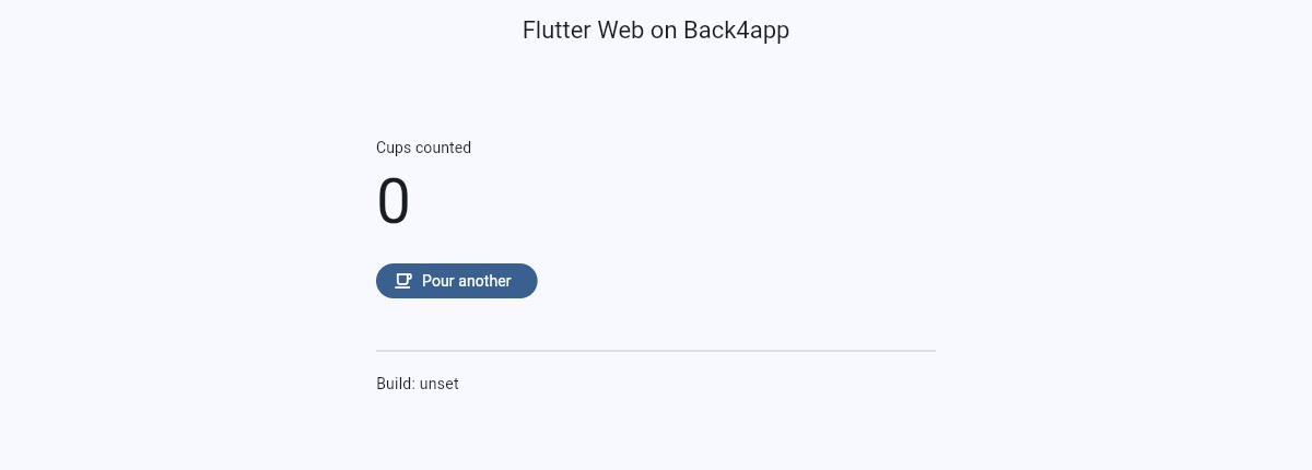 The deployed Flutter app in a browser, showing the counter and a build stamp line