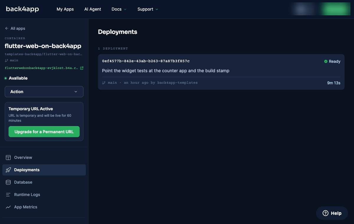The Deployments page showing the container available on a b4a.run URL, one deployment marked Ready in 9 minutes 13 seconds, and a notice that the free URL is live for 60 minutes