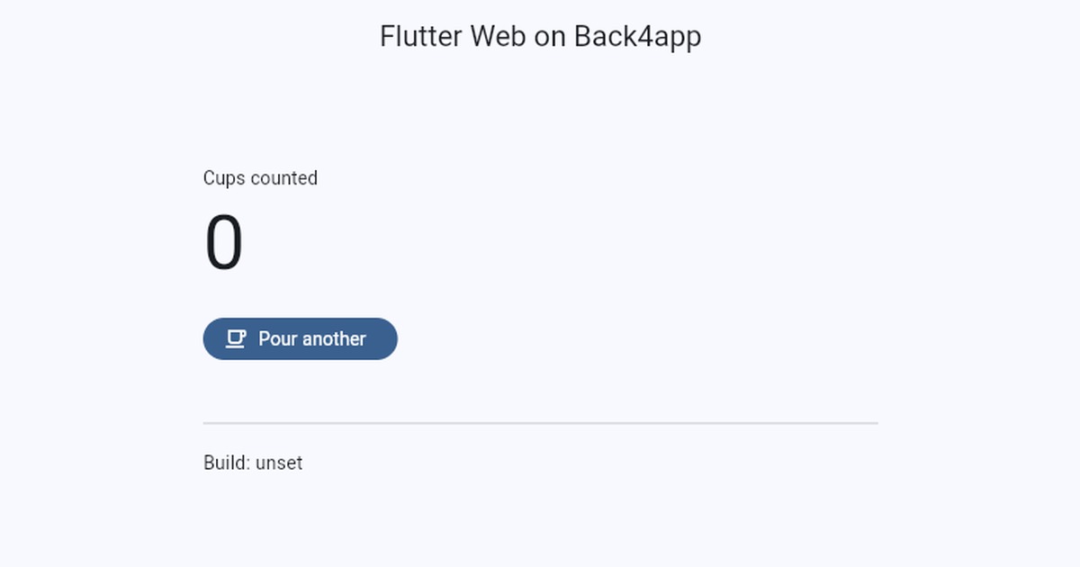 The deployed Flutter app in a browser: a Cups counted heading above a zero, a Pour another button, and the build stamp line the app prints
