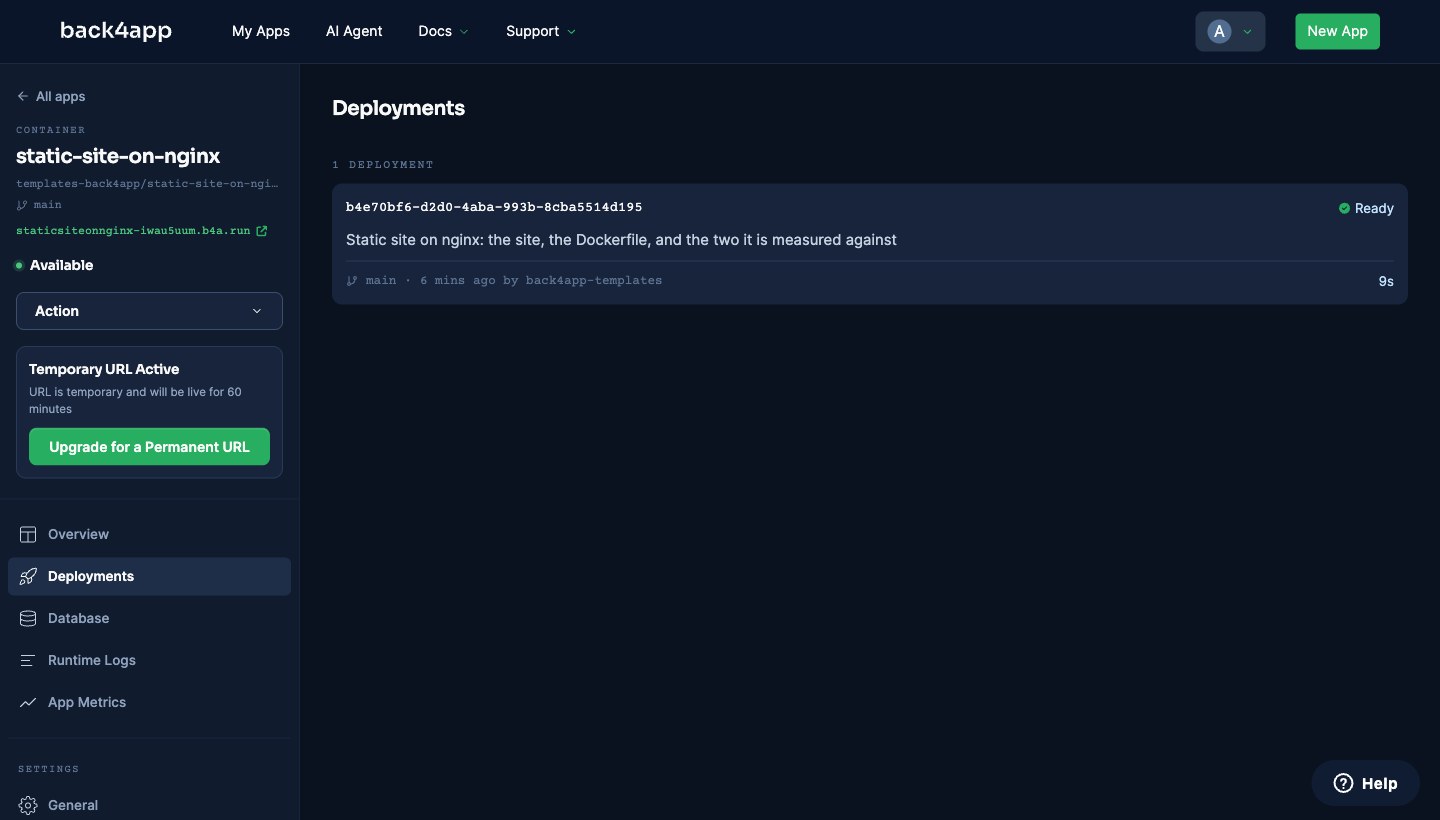 The Containers deployments panel showing the deployment marked Ready in 9 seconds, the app Available, and a notice that the free plan URL is temporary and live for 60 minutes