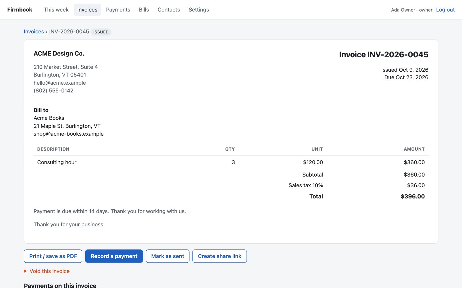 An issued invoice: company header, bill-to block, three lines, subtotal, sales tax and total, with the Record a payment, Mark as sent and Create share link buttons