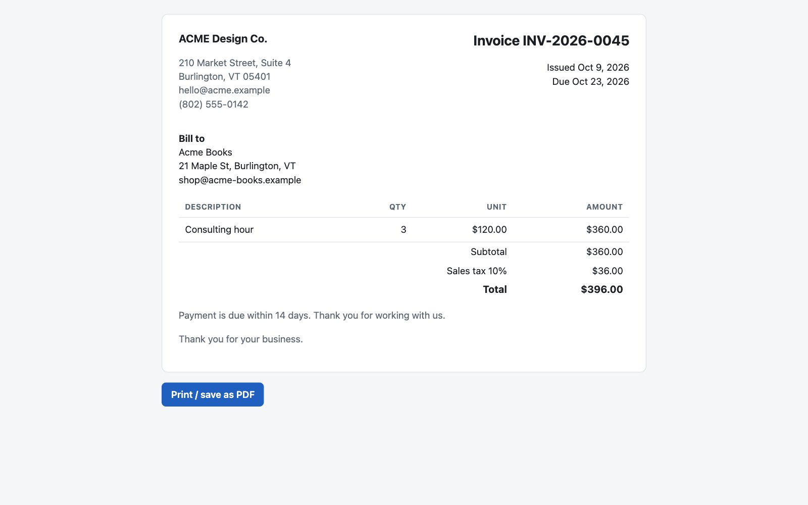 The public share page of an invoice: the invoice sheet and a Print / save as PDF button, no navigation