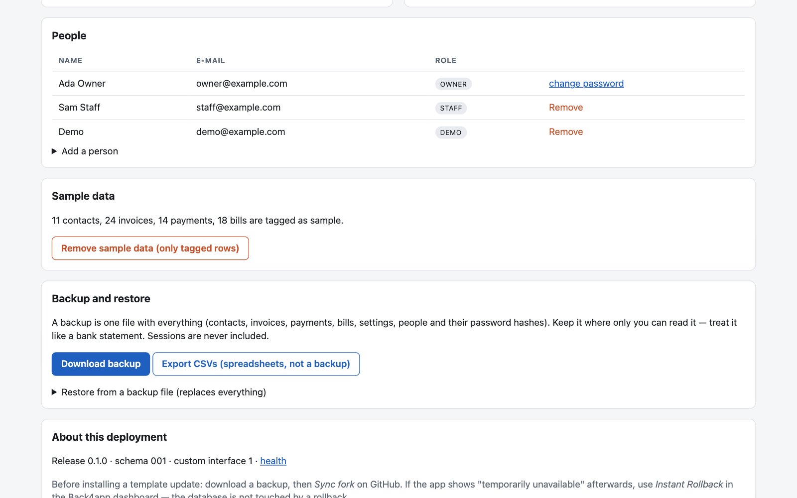 Settings: the Backup and restore section with Download backup, Export CSVs and the Restore form