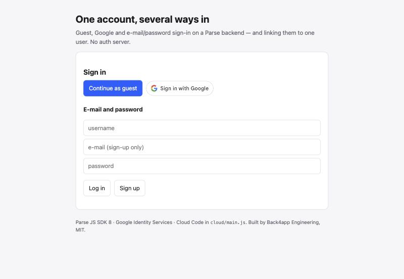 The demo's signed-out view: a Continue as guest button, a Sign in with Google button, and an e-mail and password form with Log in and Sign up