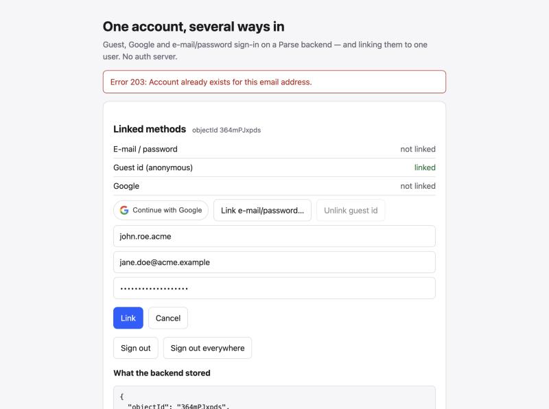 The demo showing the error Error 203: Account already exists for this email address. above the link form of a second guest account