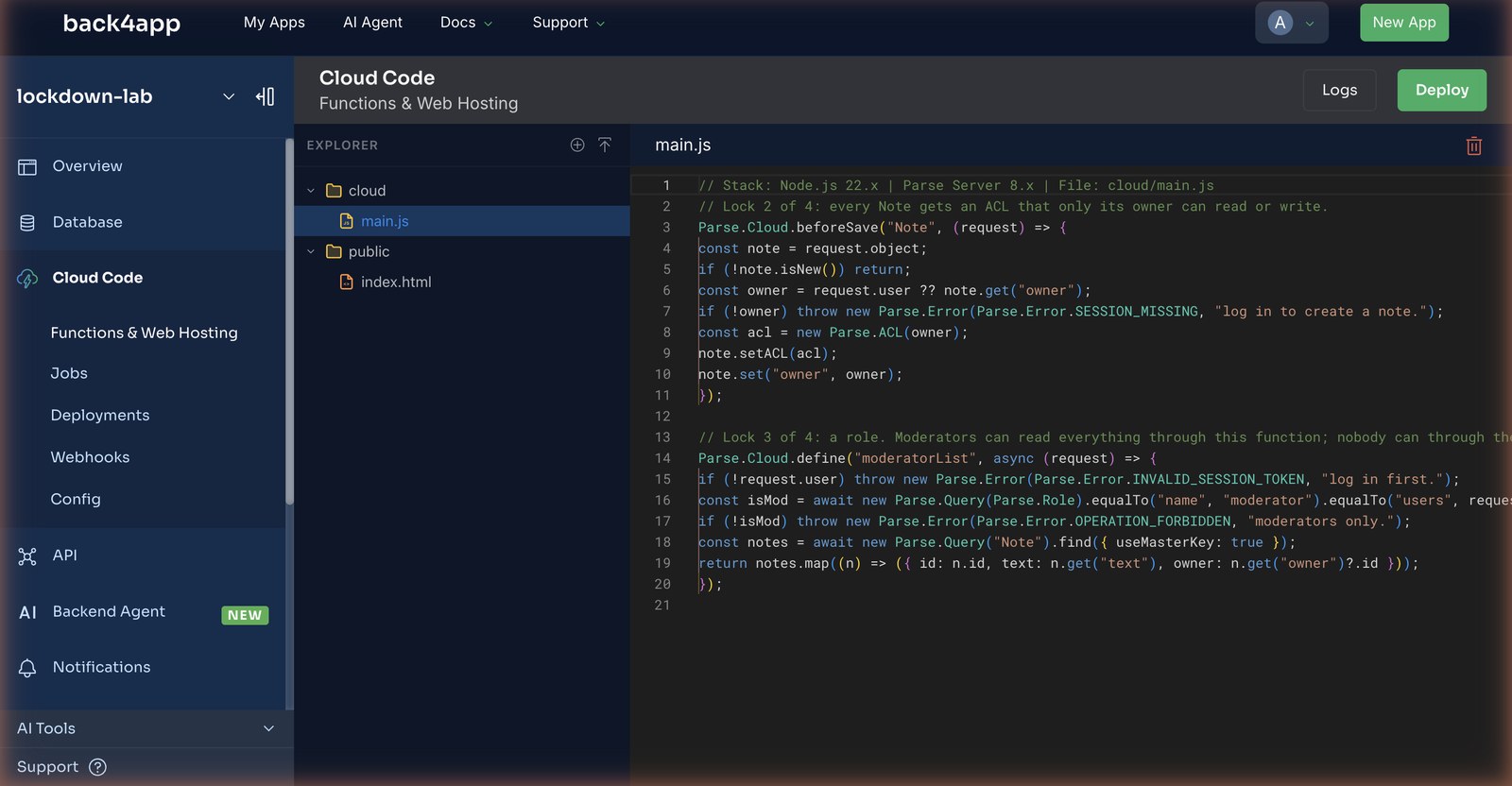 The Cloud Code editor with cloud/main.js open in the lockdown-lab backend: the beforeSave Note hook that stamps the owner ACL, and the moderatorList Cloud Function below it