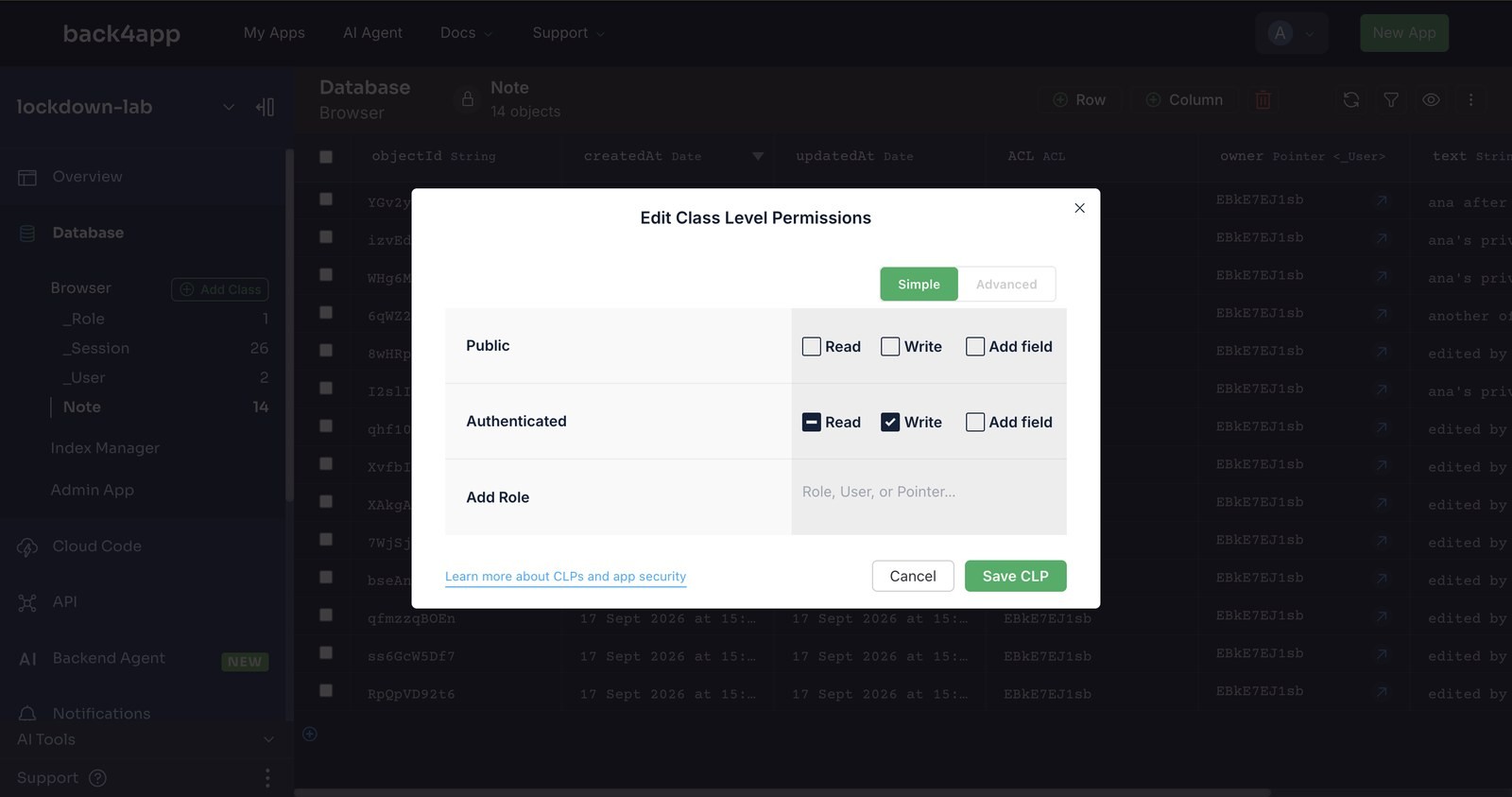 The Edit Class Level Permissions dialog for the Note class in the dashboard: Public unchecked for Read, Write and Add field, Authenticated checked for Read and Write, and an Add Role field