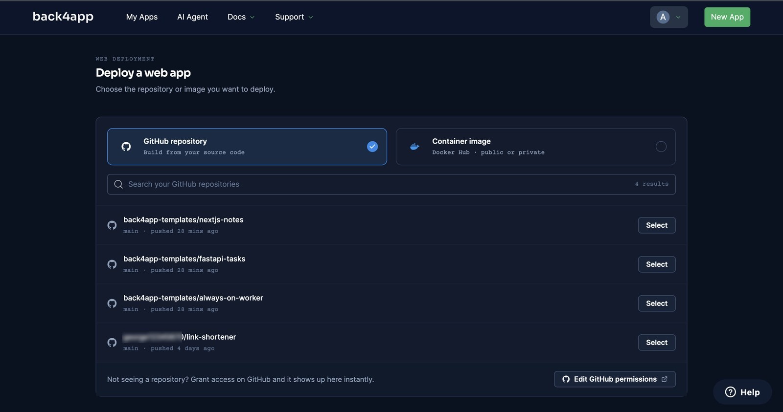 The Deploy a web app screen listing the always-on-worker repository among the repositories the GitHub App was granted, each with a Select button