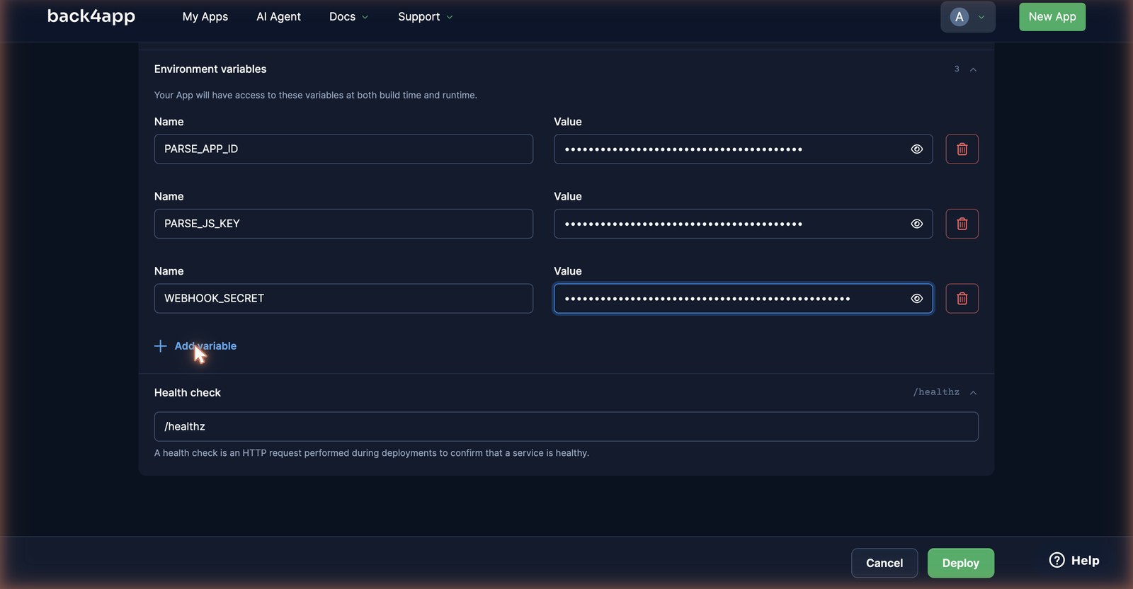The deploy form with three environment variables, PARSE_APP_ID, PARSE_JS_KEY and WEBHOOK_SECRET, their values masked, and the health check path set to /healthz