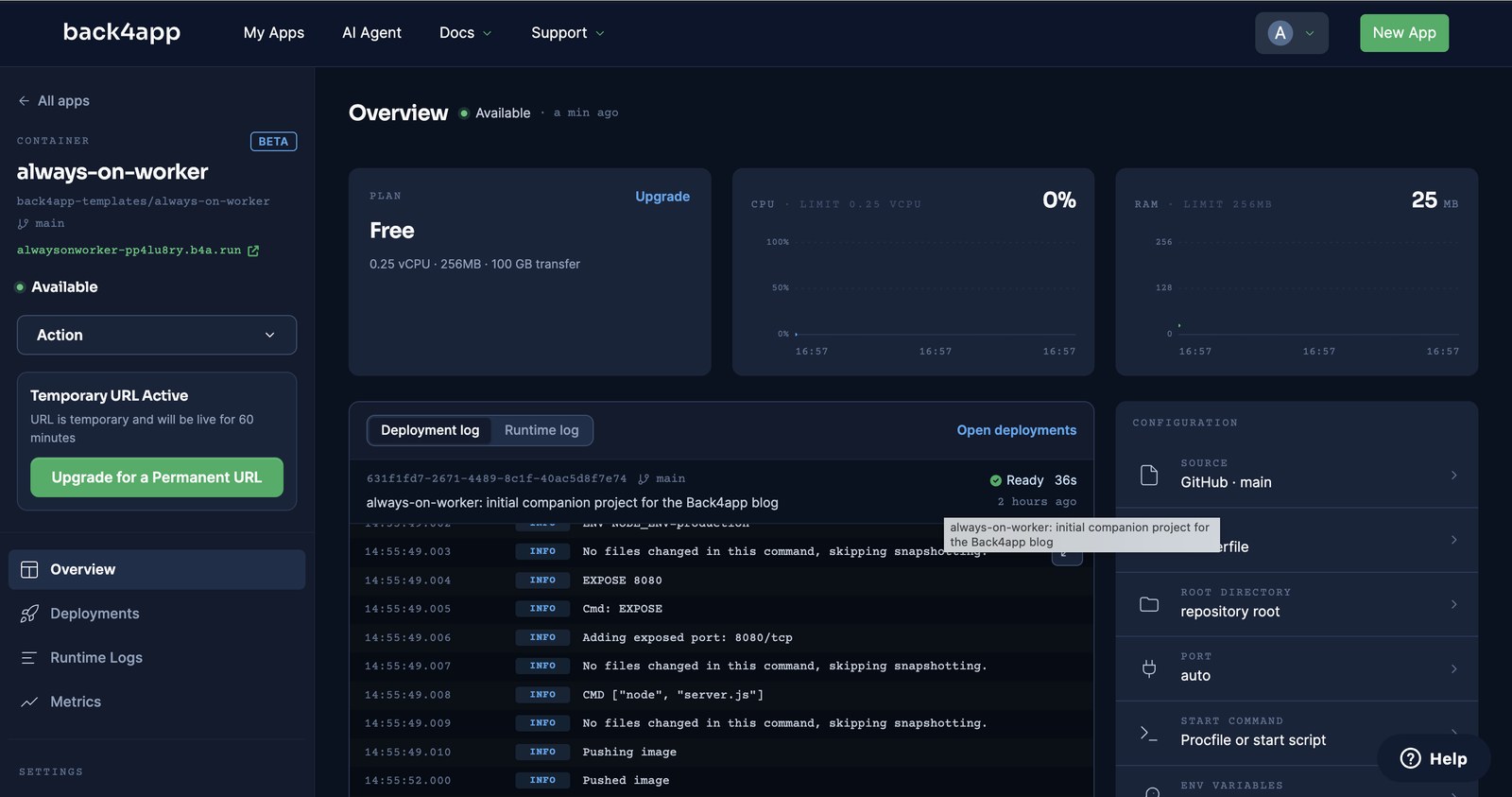 The container Overview after the first deploy: status Available, the deployment Ready in 36 s, the log ending in Pushed image, and a Temporary URL Active card on the free plan