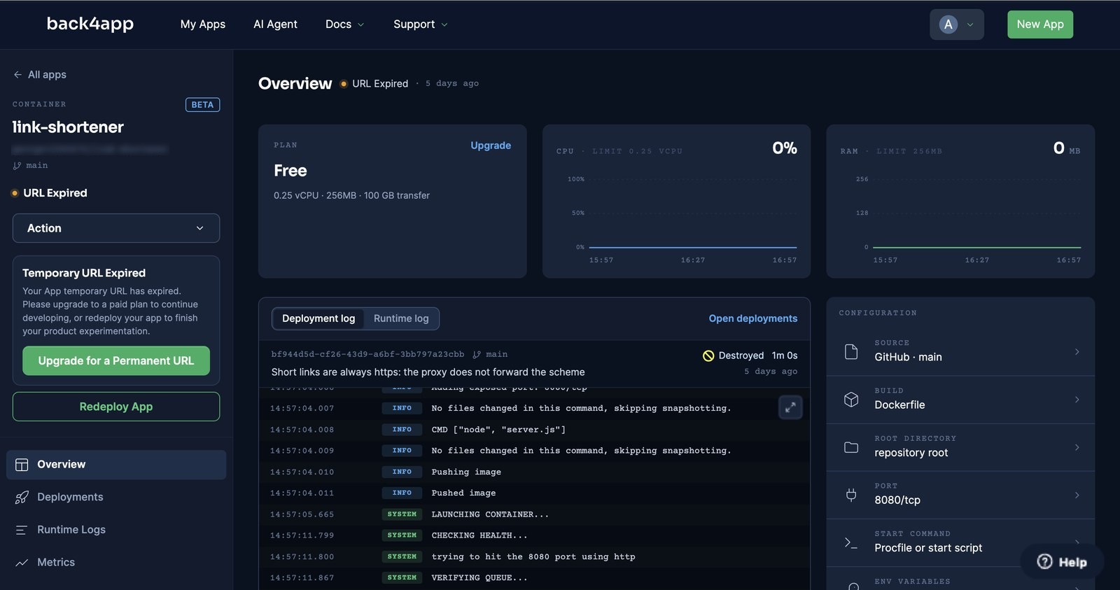 The Overview of a free app after the hour: status URL Expired, a Temporary URL Expired card offering Upgrade for a Permanent URL or Redeploy App, and the last deployment marked Destroyed