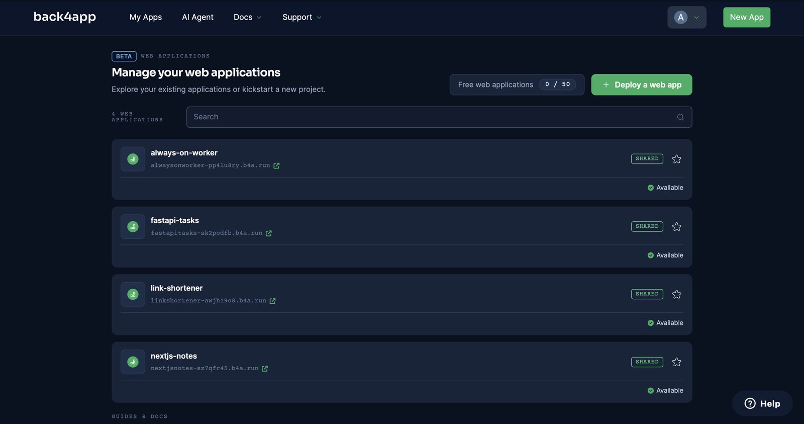 The web applications list after the plan change: four apps, each tagged SHARED and Available, and the counter Free web applications 0 / 50