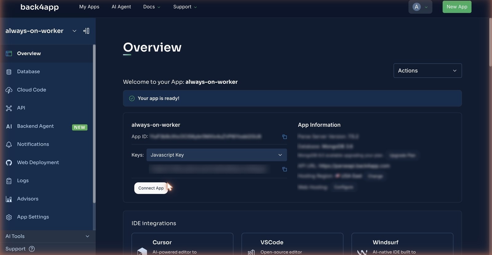 The backend Overview for always-on-worker: App ID, the Keys dropdown set to JavaScript Key (value blurred), Parse Server 7.5.2 and MongoDB 3.6 on the right