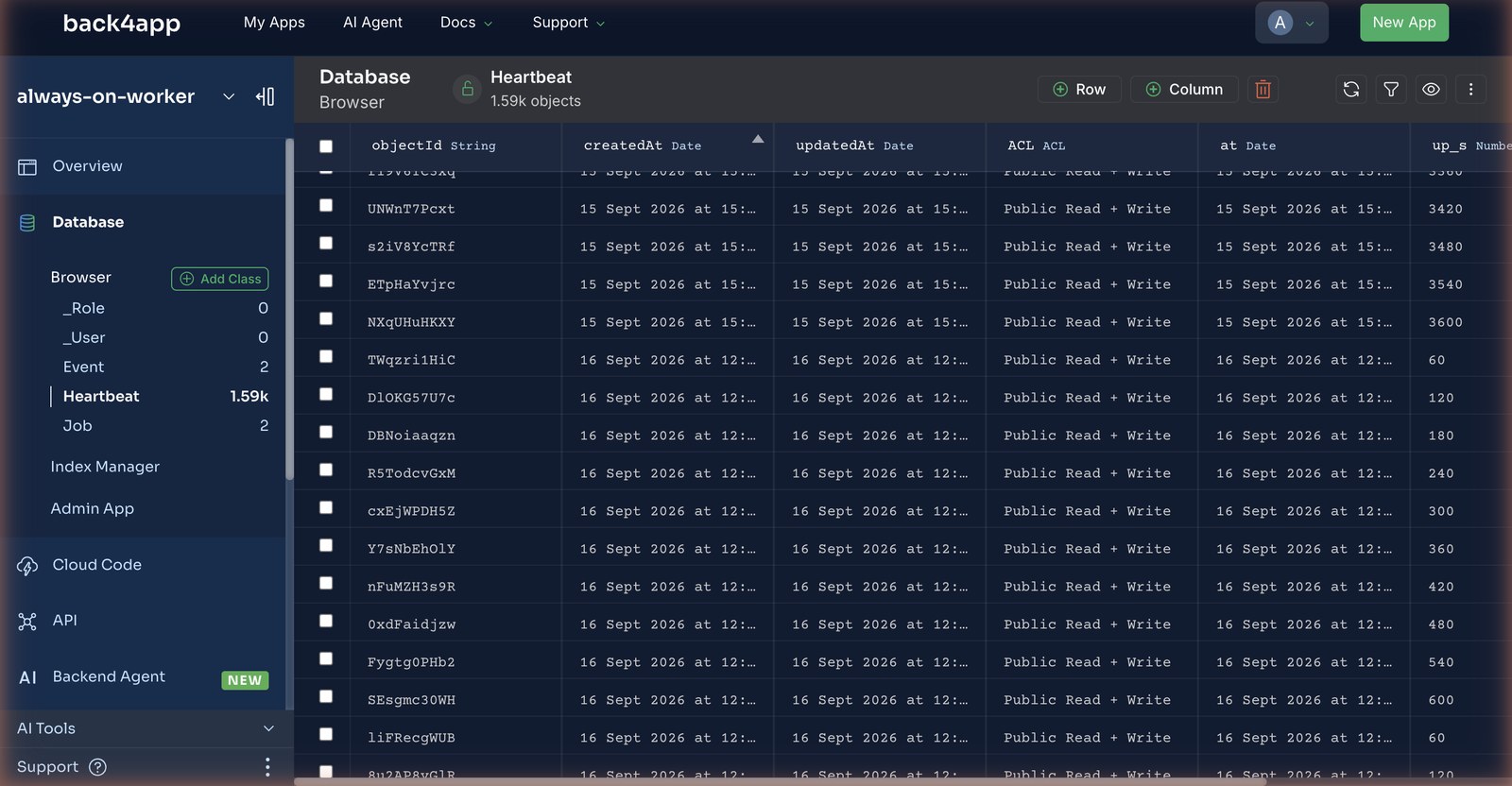 The Database Browser showing the Heartbeat class with 1.59k objects, sorted by createdAt: rows from 15 Sept with up_s up to 3600, then rows from 16 Sept starting again at 60