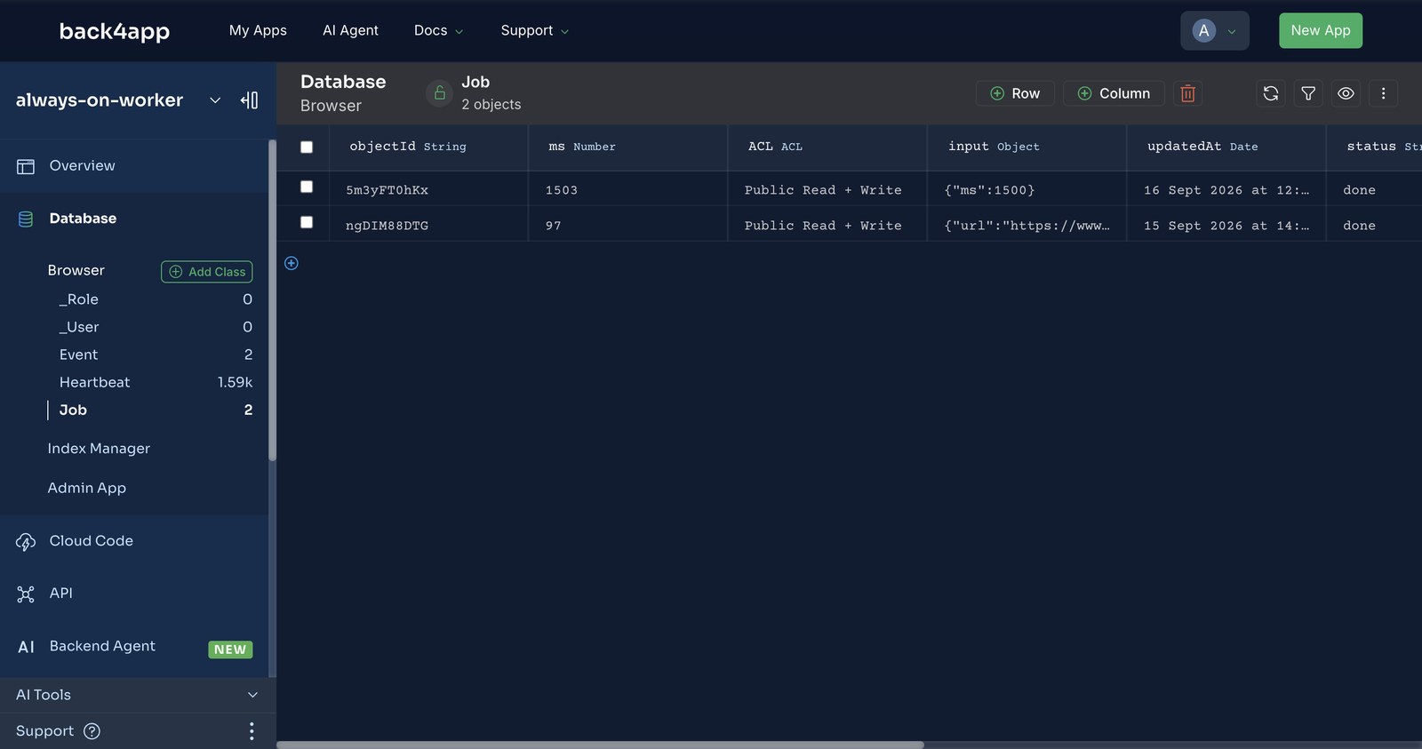 The Database Browser showing the Job class with two objects, their ms values 1503 and 97, input JSON and status done