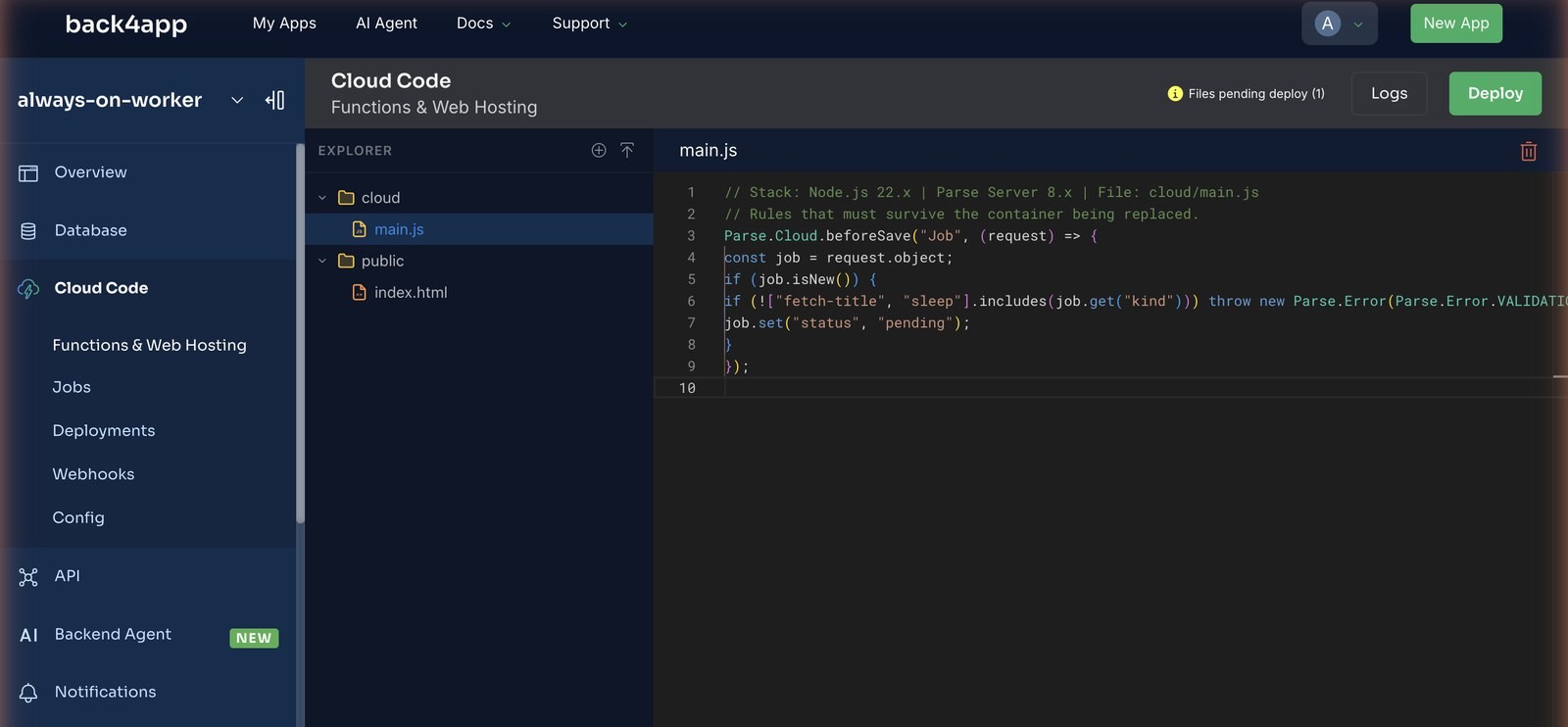 The Cloud Code editor with cloud/main.js open showing the beforeSave Job hook, and the badge Files pending deploy (1) next to the Deploy button