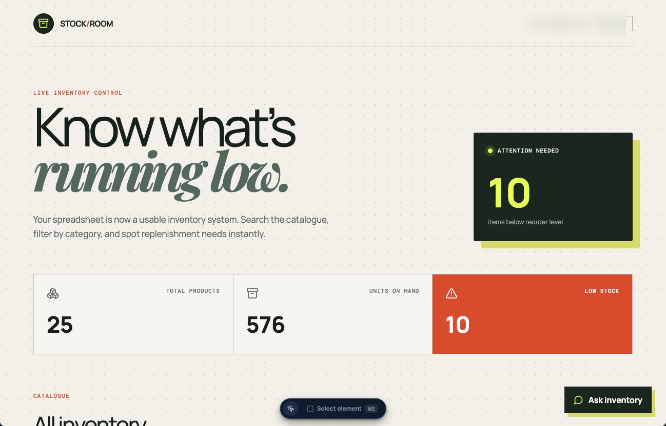The generated inventory dashboard: totals across the top, an attention-needed count, a searchable catalogue and a filter button for every category found in the data