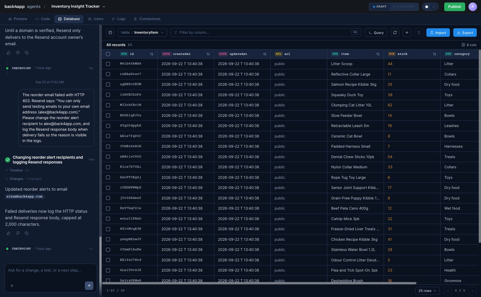 The agent's Database tab listing the InventoryItem class with all 25 records and its eight columns