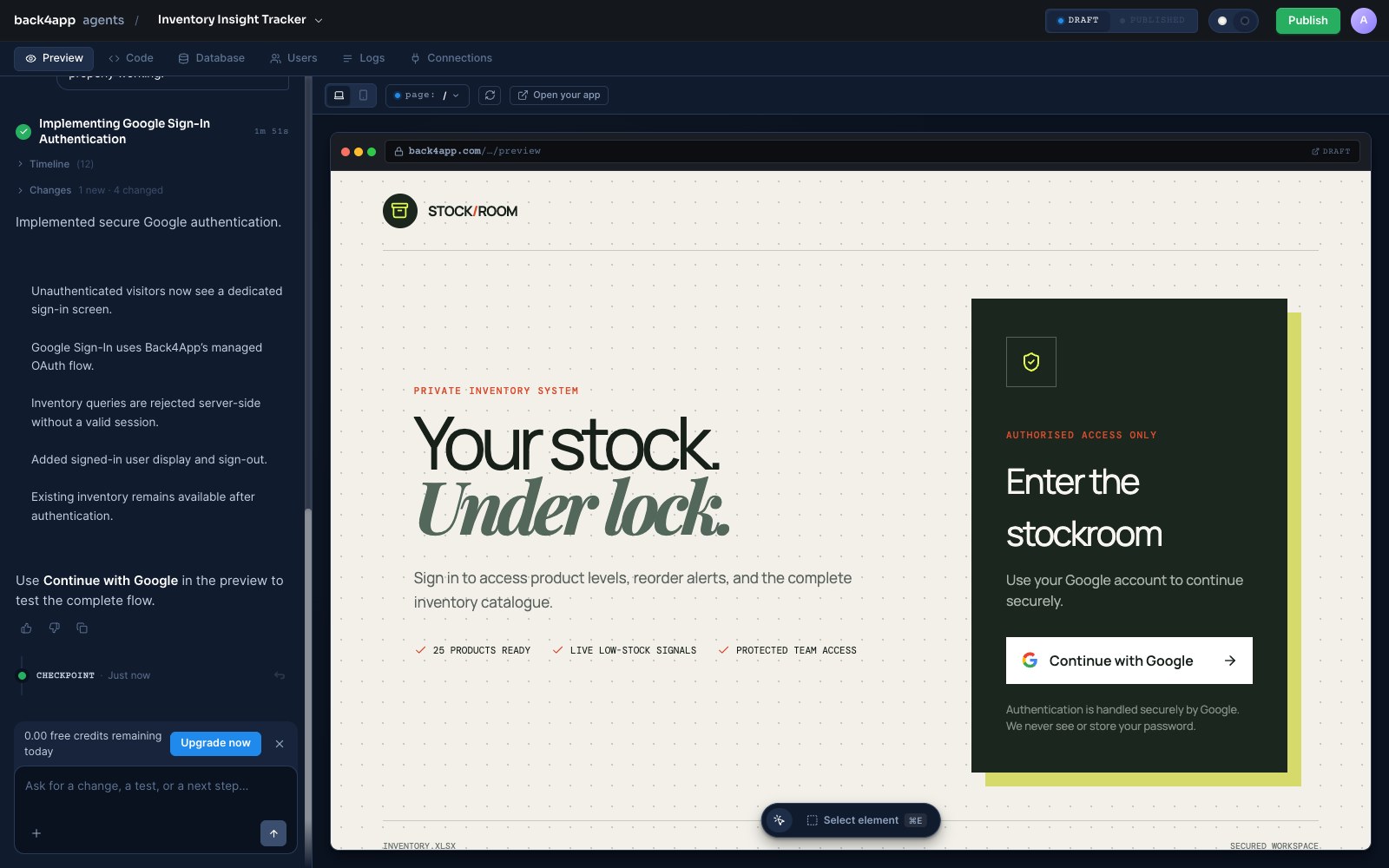 The generated sign-in screen reading "Your stock. Under lock." with a Continue with Google button
