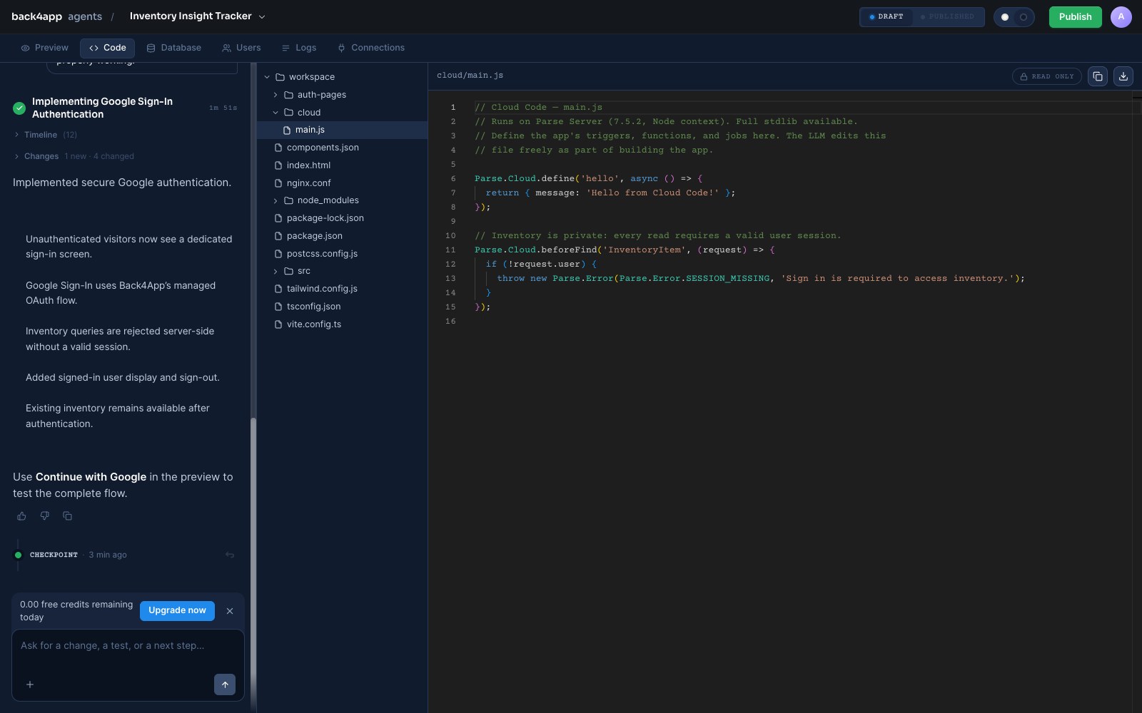 The Code tab showing cloud/main.js with the beforeFind hook on InventoryItem