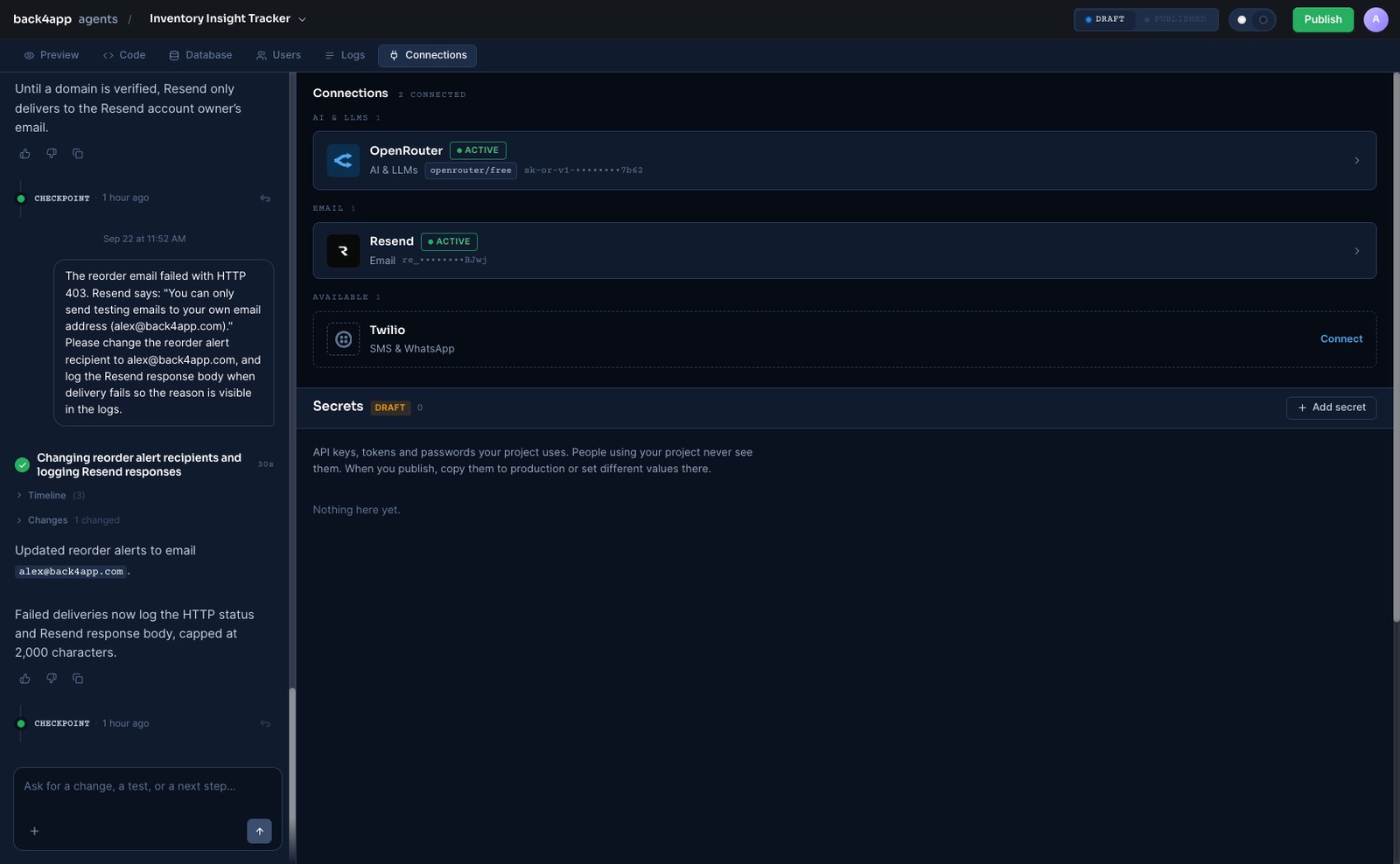 The Connections tab with OpenRouter and Resend both marked ACTIVE, their keys masked, and Twilio still available to connect