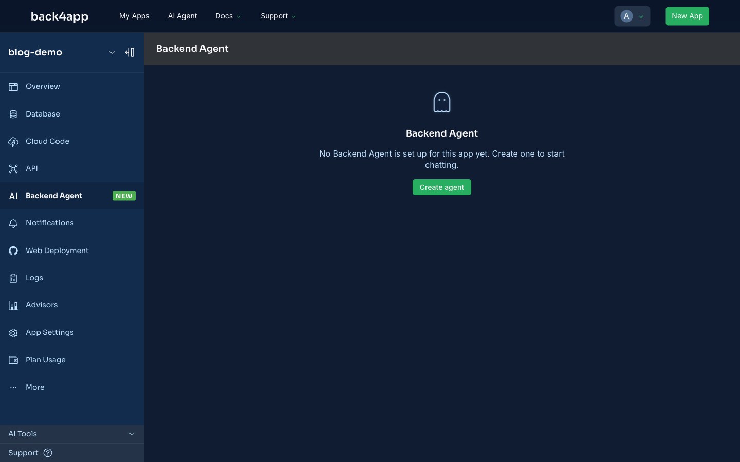 The Backend Agent panel inside an app, showing an empty state that says no Backend Agent is set up for this app yet, with a Create agent button