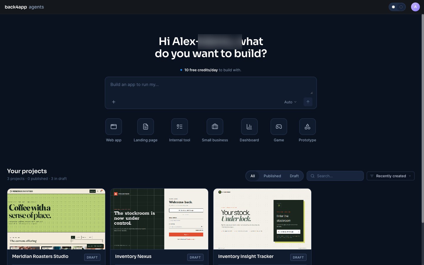 The account-level AI Agent home screen: a prompt box under the heading asking what you want to build, a row of project-type buttons, and three draft projects below