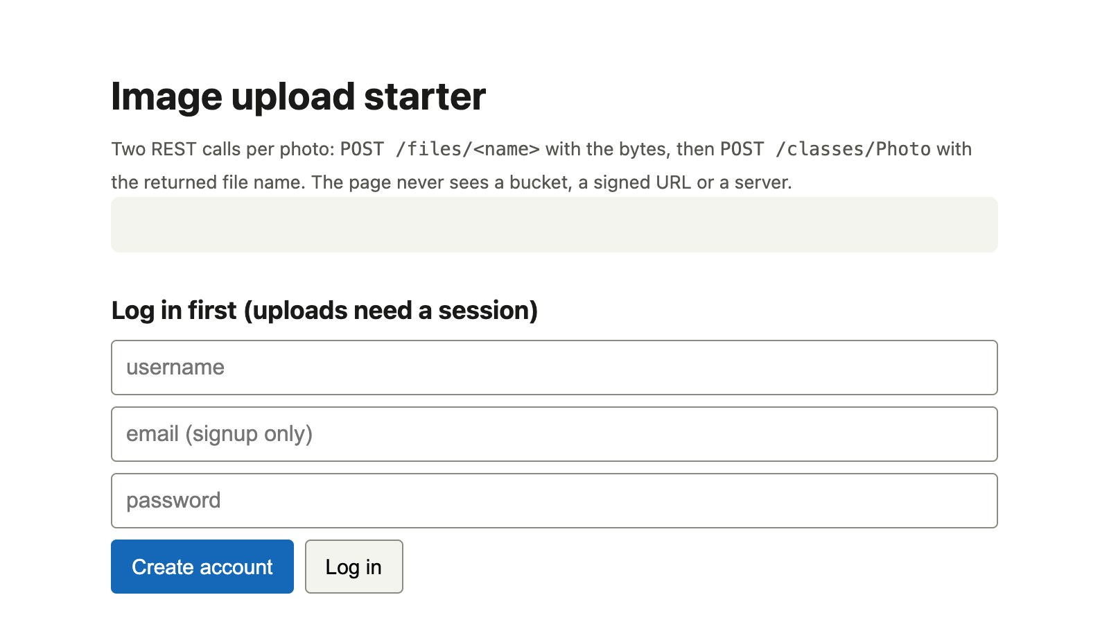 The image upload starter page before any request: a Log in first form with username and password fields and the buttons Create account and Log in, above an empty status bar