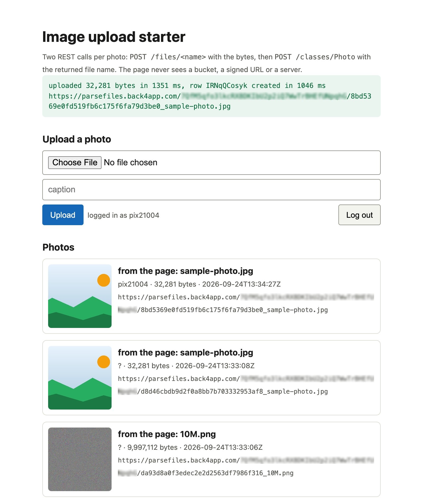 The image upload starter page after the uploads: the green status bar reads uploaded 32,281 bytes in 1351 ms, row IRNqQCosyk created in 1046 ms followed by the file URL with the App ID blurred, and the Photos list below shows the uploaded pictures with caption, uploader, size, time and the full file URL of each